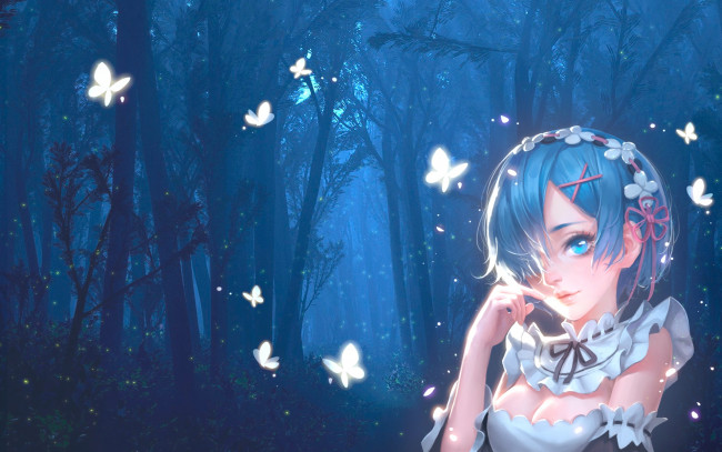 Обои картинки фото аниме, re,  zero kara hajimeru isekai seikatsu, лес, девушка, ночь, бабочка, арт