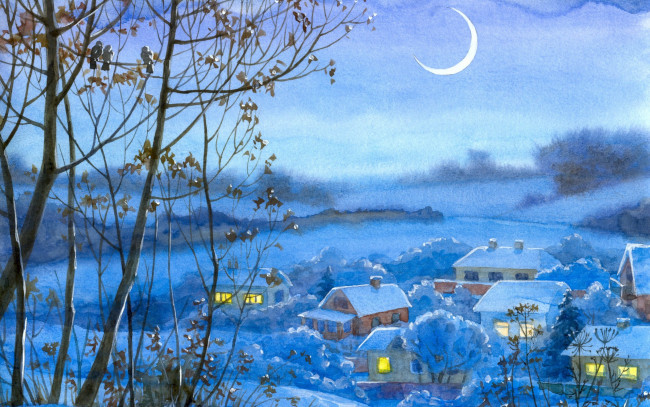 Обои картинки фото рисованное, живопись, деревья, луна, дома, деревня, ночь