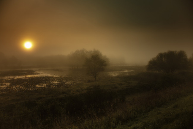 Обои картинки фото природа, пейзажи, ночь, река, туман