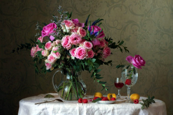 Картинка еда натюрморт малина вино букет розы персик