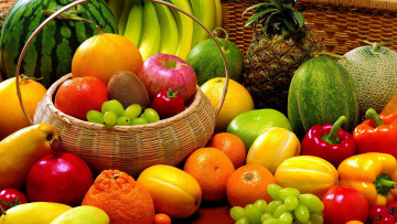 обоя еда, фрукты и овощи вместе, ананас, арбуз, бананы, цитрусы, перец, виноград