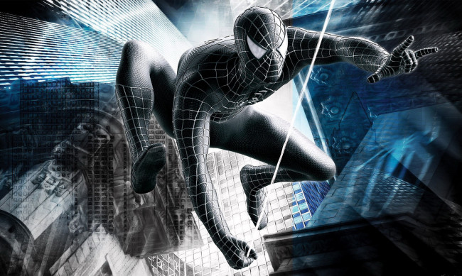Обои картинки фото видео игры, spider-man 3, человек-паук, черный, паутина, здания