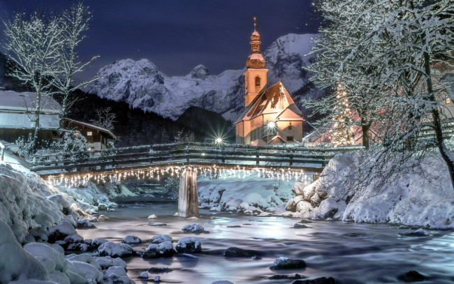 Обои картинки фото berchtesgaden, города, - мосты, зима, река, мост, снег