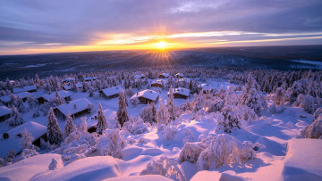 обоя города, - панорамы, зима, снег, восход, деревня
