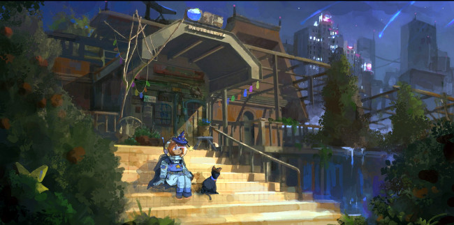 Обои картинки фото аниме, unknown,  другое , город, ступени, кошка, девочка, колпак, скафандр, звезды