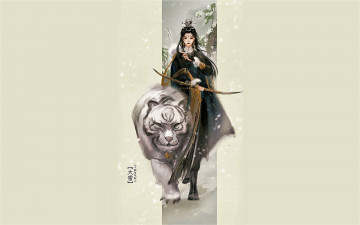 Картинка рисованное люди девушка лук тигр