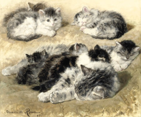 обоя рисованное, henriette ronner-knip, кошка, котята