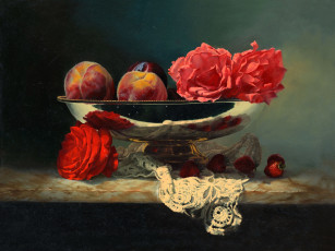 обоя рисованное, алексей антонов, натюрморт, персики, розы, клубника, салфетка