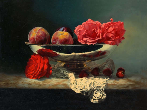 Обои картинки фото рисованное, алексей антонов, натюрморт, персики, розы, клубника, салфетка