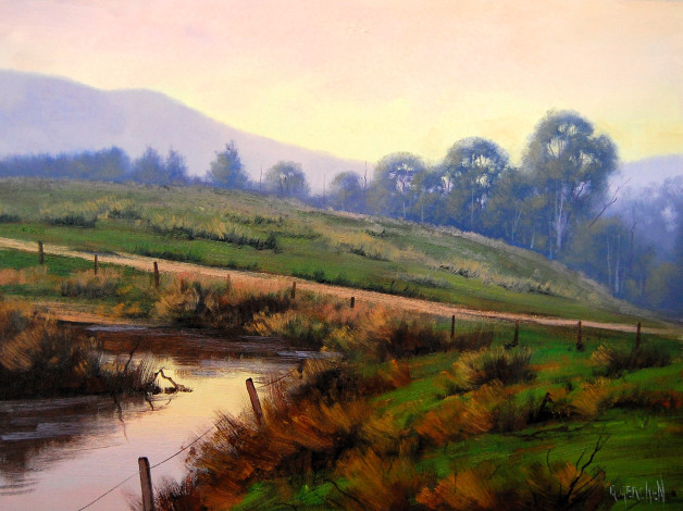 Обои картинки фото рисованное, graham gercken, луга, река, дорога, деревья