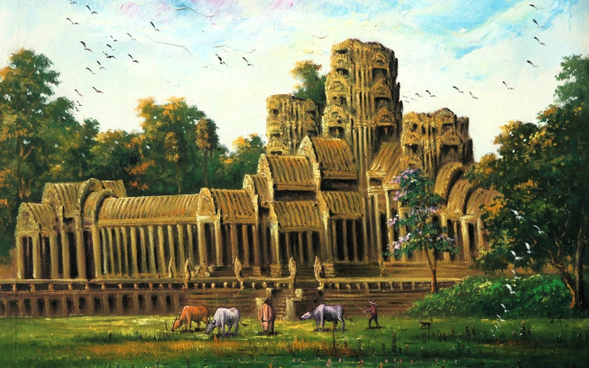 Обои картинки фото рисованное, живопись, храм, люди, буйволы, лес