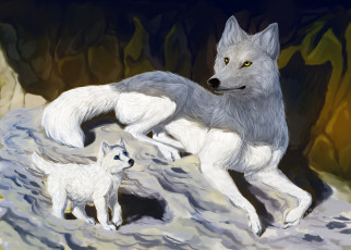 обоя рисованные, животные, волки, волчица, волчонок