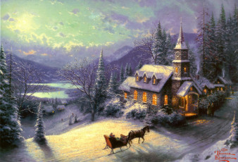 Картинка thomas kinkade рисованные зима снег повозка часовня
