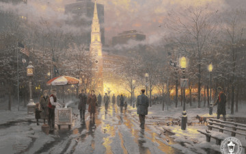 Картинка thomas kinkade рисованные зима дома огни праздник снег лужи улица люди