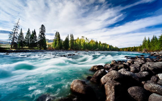 Обои картинки фото природа, реки, озера, река, камни, лес, облака
