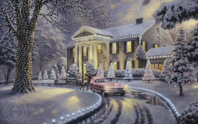 Обои картинки фото thomas, kinkade, рисованные, машина, лужи, зима, дом, снег