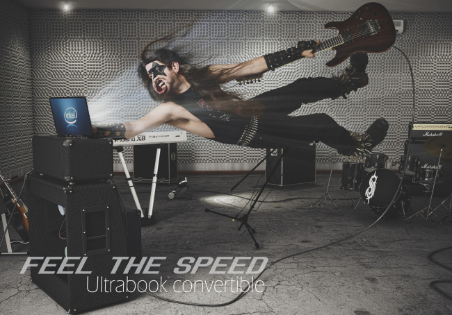 Обои картинки фото intel, бренды, студия, парень, рокер, гитара, ноутбук, лэптоп, скорость