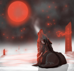 Картинка рисованные животные +волки красная луна зверь волк