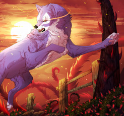 Картинка рисованные животные +волки закат сиреневый волк