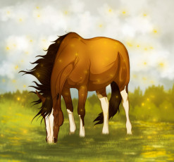 Картинка рисованные животные +лошади лошадь трава коричневая