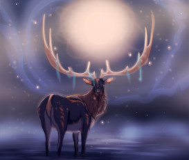 Картинка рисованные животные +олени сияние олень рога