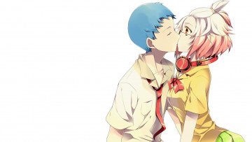 Картинка аниме -headphones+&+instrumental чувства пара любовь поцелуй девушка парень галстук рубашка юбка школьница очки наушники