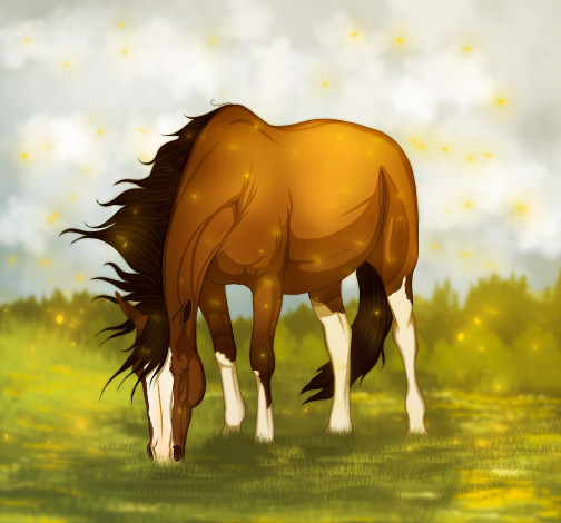 Обои картинки фото рисованные, животные,  лошади, лошадь, трава, коричневая