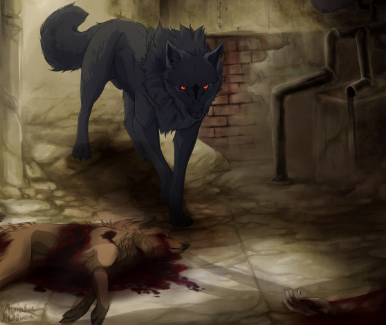 Обои картинки фото рисованные, животные,  волки, волк, труп, рука, кровь
