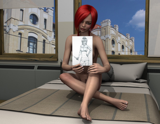 Обои картинки фото 3д графика, people , люди, рисунок, окно, кровать, рыжая, взгляд, девушка