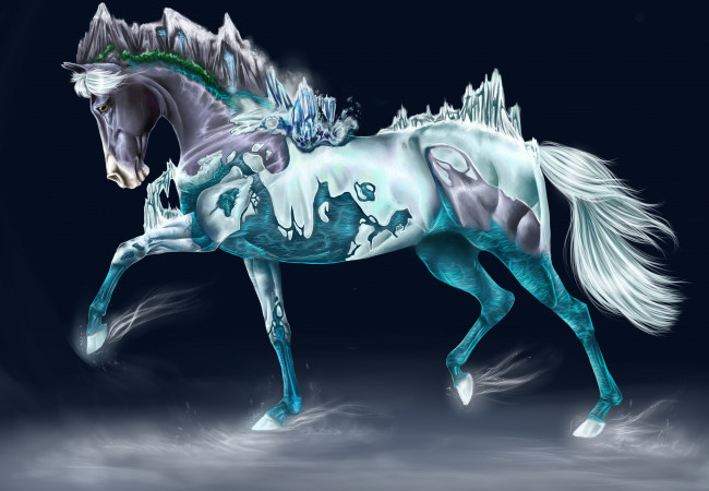 Обои картинки фото рисованные, животные,  сказочные,  мифические, снег, белая, лошадь