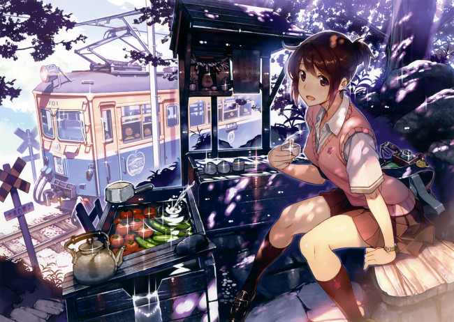 Обои картинки фото аниме, оружие,  техника,  технологии, трамвай, еда, девушка