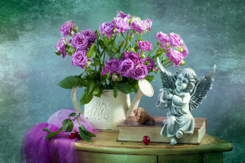 Картинка цветы розы шарф композиция вишня книга ангел букет