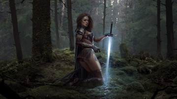 Картинка фэнтези девушки девушка фон взгляд униформа меч лес
