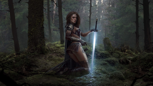 Обои картинки фото фэнтези, девушки, девушка, фон, взгляд, униформа, меч, лес
