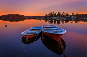 Картинка корабли лодки +шлюпки вечер швеция река деревья лес закат