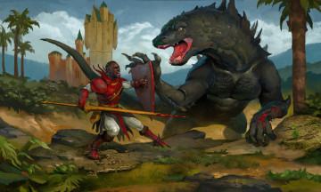 Картинка фэнтези существа униформа замок фон мужчина динозавр