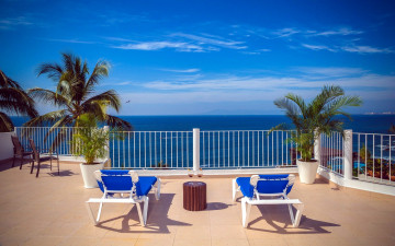 Картинка интерьер веранды +террасы +балконы пальмы море