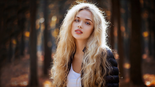 Обои картинки фото девушки, -unsort , блондинки,  светловолосые, красотка, длинные, волосы, лес