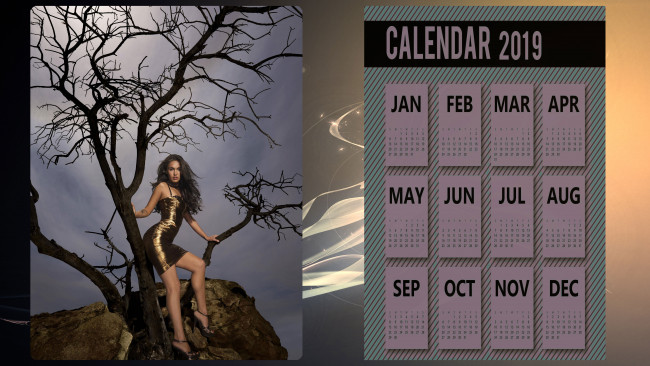 Обои картинки фото календари, девушки, девушка, дерево, платье