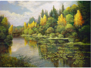 обоя landscape, рисованные, mark, kalpin, lake, nature, art