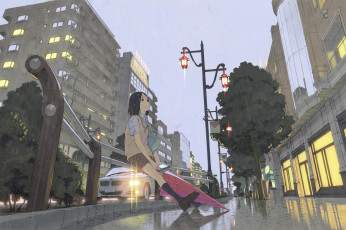 обоя аниме, *unknown, другое, девушка, город, дождь, зонт