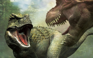 Картинка динозавры фэнтези существа схватка зубы тираннозавр