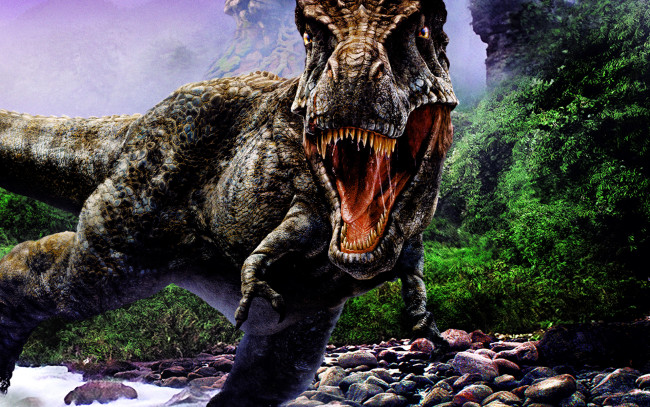 Обои картинки фото динозавр, фэнтези, существа, рычит, река, джунгли, тираннозавр, зубы
