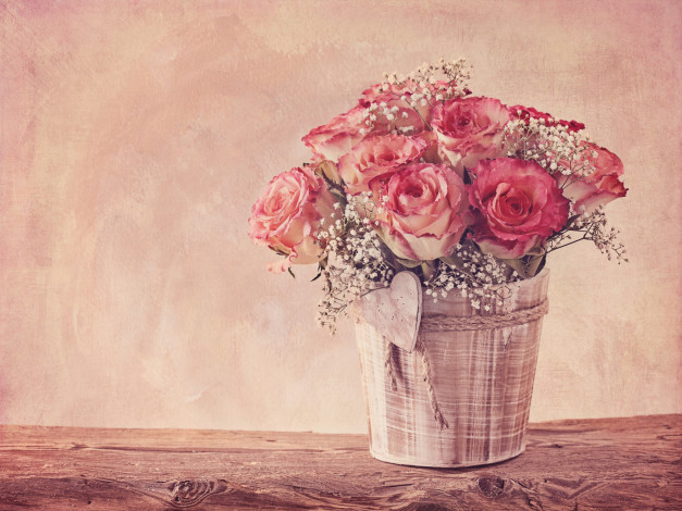 Обои картинки фото цветы, розы, букет, бутоны, винтаж, гипсофила