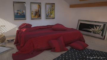 Картинка 3д+графика реализм+ realism комната подушки кровать интерьер