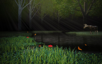 Картинка 3д+графика животные+ animals лучи бабочки лось цветы лес река