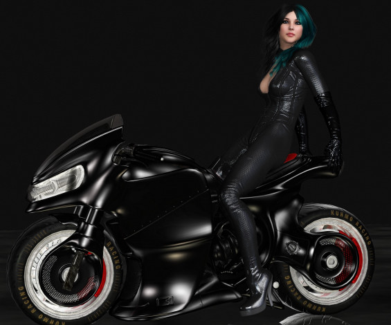 Обои картинки фото мотоциклы, 3d, фон, мотоцикл, взгляд, девушка