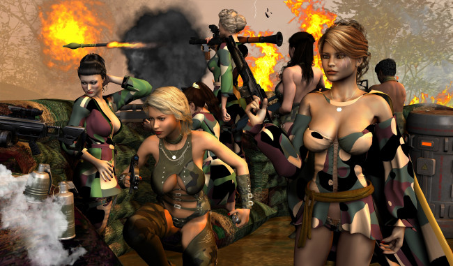 Обои картинки фото 3д графика, фантазия , fantasy, взгляд, девушки, огонь, оружие, фон