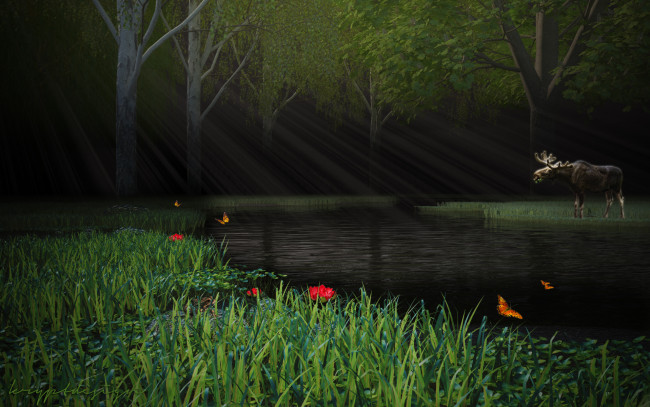 Обои картинки фото 3д графика, животные , animals, лучи, бабочки, лось, цветы, лес, река