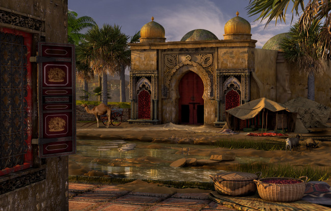 Обои картинки фото 3д графика, реализм , realism, дом, река, верблюд, козы